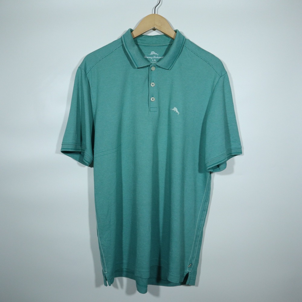 Tommy Bahama Polo Shirt Large Green Striped Y2K Embroidered Marlin Short Sleeve